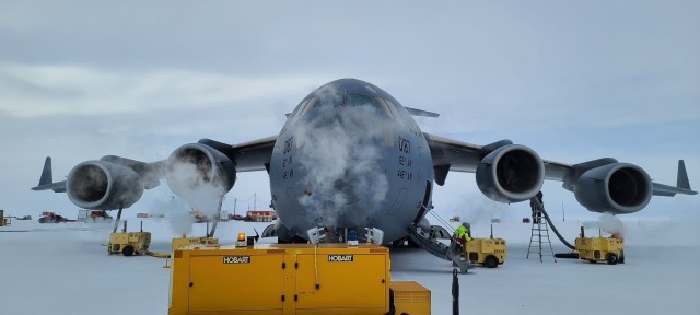 A C-17 Globemaster III, assigned to the 62nd Airlift Wing at Joint Base Lewis-McChord, sits at McMurdo Station in Antarctica in support of Operation Deep Freeze.