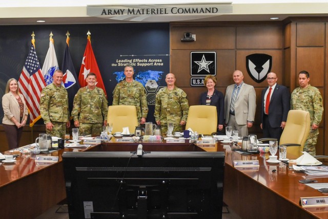 The Vice Chief of Staff of the Army Gen. Joseph Martin, fourth from left, joins with members of the Army Materiel Command leadership team, led by Gen. Ed Daly, fifth from left, to discuss AMC’s impact on Army readiness. The AMC team briefed Martin on how the materiel enterprise is enabling the Army priorities of people, readiness and modernization. Daly reviewed AMC’s support to the Joint Force, the fight against the COVID-19 virus, the Organic Industrial Base 15-year modernization plan, AMC’s role in the Army’s Regionally Aligned Readiness and Modernization Model, and investments to Army housing and other key infrastructure at our installations worldwide.