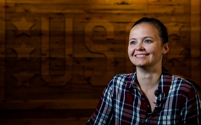 Anna Nordley, an Army spouse and senior accounting manager for the USO, discusses her experience using a military spouse coworking space on Fort Belvoir, Va., April 27, 2021. The coworking space program was designed to provide military spouses a...