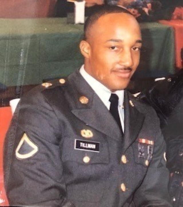 Pfc. Jermon Tillman in 1992 early in his career, shortly after he enlisted in the U.S. Army. Tillman was later commissioned after completing Officer Candidate School at Fort Benning, Georgia. Tillman proudly continues his family's legacy of service in the U.S. Army. He is completing an assignment as deputy support operations officer, 1st Theater Sustainment Command. (Courtesy photo)