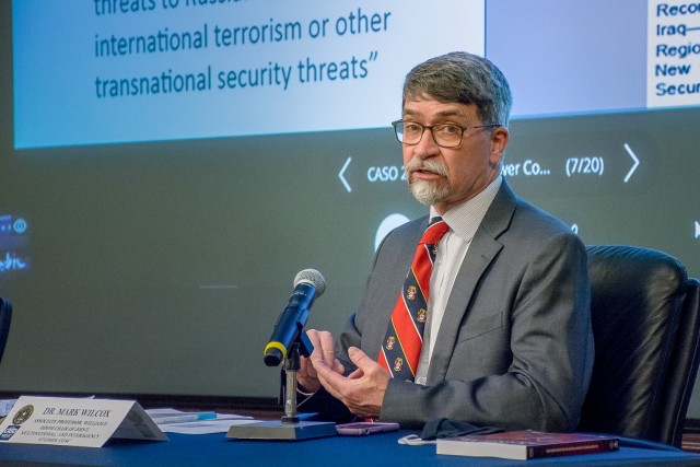 Dr. Mark R. Wilcox, associate professor, William E. Odom Chair of Joint, Multinational, and Interagency Studies, CGSC talk about his chapter in “Great Power Competition: The Changing Landscape of Global Geopolitics” during the CASO Panel on April 27. Photo by Jim Shea.