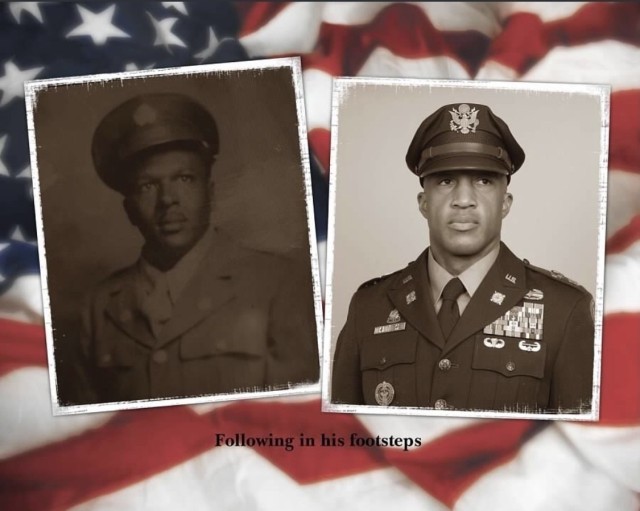 World War II Veteran Pvt. Young and his grandson Lt. Col. Jermon Tillman, deputy support operations officer, 1st Theater Sustainment Command. Tillman and his family have a proud legacy of service in the U.S. Army. (Courtesy photo)
