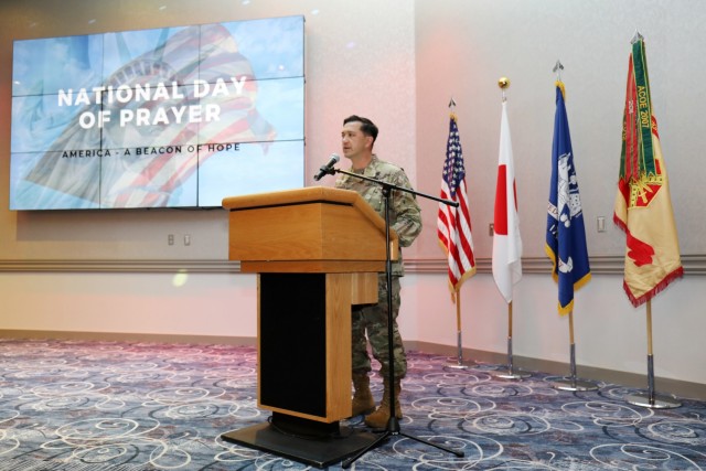Col. Thomas Matelski, commander of U.S. Army Garrison Japan, speaks during the National Day of Prayer Lunch at the Camp Zama Community Club, Camp Zama, Japan, May 3. Matelski was the keynote speaker.