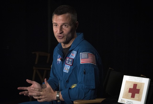 Col. Andrew Morgan, NASA astronaut and Army flight surgeon, speaks during an interview with Defense Media Activity at Fort Meade, Md., May 3, 2021.