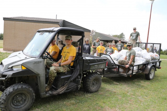 WICHITA, Kan. – Cadets of the Wichita State University Army Reserve Officer Training Corps pose for a group shot during their park clean-up community service project at Glen Dey Park April 28. Cadre of WSU ROTC – comprised entirely of Kansas...