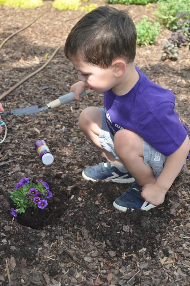 Axel Aguilar plants a purple flower as part of Martin Army Community Hospital's Month of the Military Child celebration.