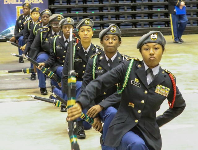 JROTC Cadets from Ware County High School in Waycross, Georgia, compete  in the All-Army National Drill Competition in Daytona, Florida April 30. (Photo by Michael Maddox, Cadet Command Public Affairs)