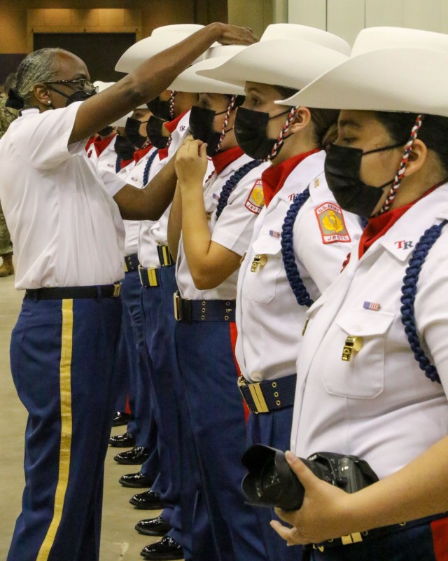 JROTC Cadets from Theodore Roosevelt High School in San Antonio prepare to compete in the All-Army National Drill Competition in Daytona, Florida April 30. (Photo by Michael Maddox, Cadet Command Public Affairs)