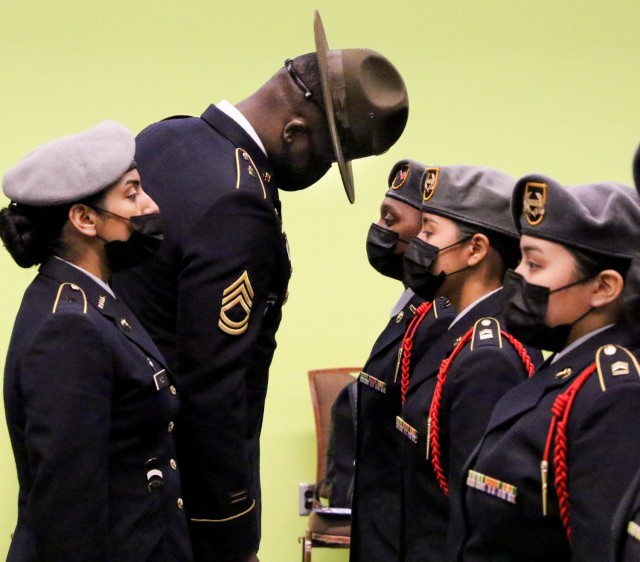 JROTC Cadets from Karen Wagner High School, San Antonio, go through inspection during the All-Service National Drill Competition in Daytona, Florida May 1. (Photo by Michael Maddox, Cadet Command Public Affairs)