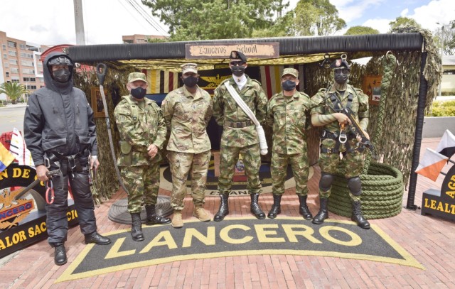 Command Sgt. Maj. Sean Rice, senior enlisted advisor at U.S. Army Security Assistance Command, poses for a photo with Colombian Lanceros (similar to Army Rangers) and senior enlisted leaders during day 4 of a key leader engagement with the...