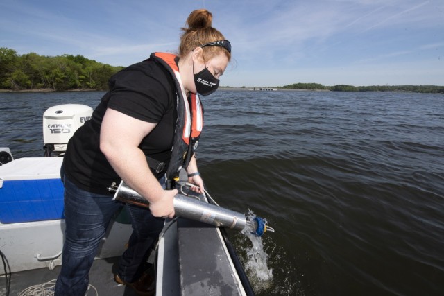 Sarah Pedrick, biologist in the U.S. Army Corps of Engineers Nashville District’s Water Management Section, collects water samples at J. Percy Priest Lake in Nashville, Tennessee April 27, 2021. The survey took place in 97 feet of water above...
