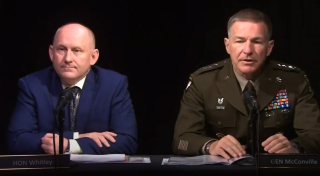 Acting Army Secretary John E. Whitley, left, and Army Chief of Staff Gen. James C. McConville discuss the Army&#39;s fiscal year 2022 budgetary request during a virtual testimony before the House Appropriations Committee’s subcommittee on defense, May 5, 2021. 