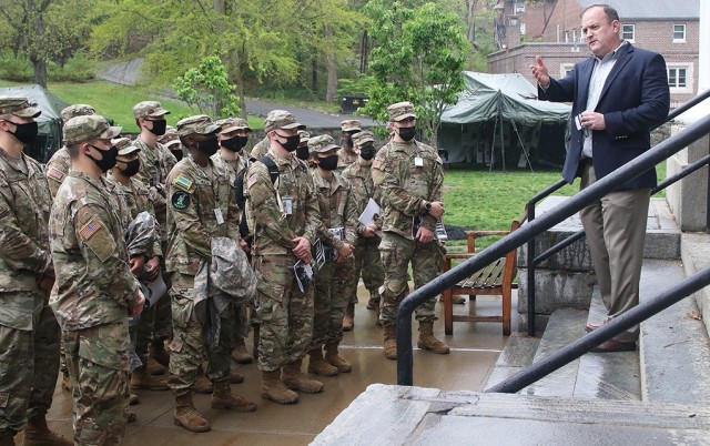 Dr. Peter Kilner, Simon Center for the Professional Military Ethic chair of character development, begins the “Inspiration to Serve” Cemetery Tour with an orientation brief on the steps of the Old Cadet Chapel to Company G-2 cadets April 29 at...