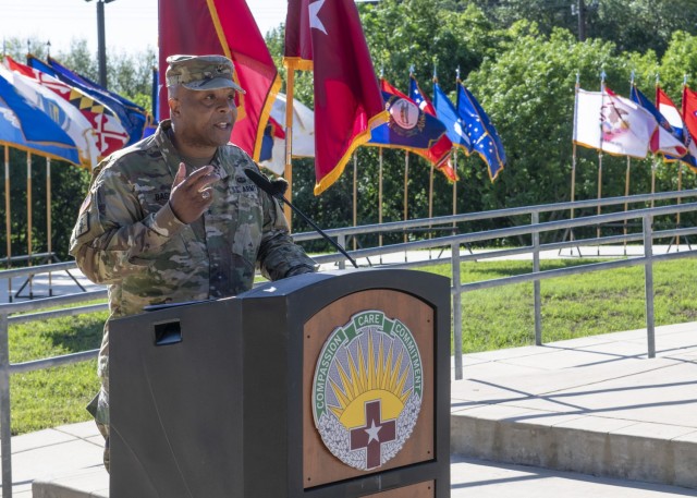 Brig. Gen. Shan Bagby gives remarks during the Regional Health Command-Central Change of Command Ceremony May 5 on Joint Base San Antonio-Fort Sam Houston. 