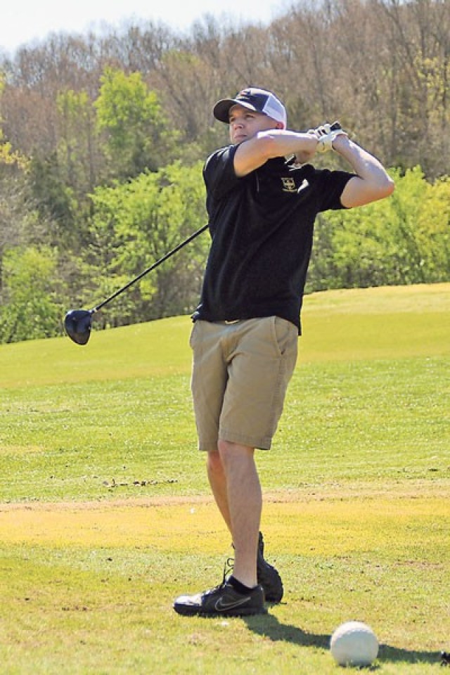 Clayton Pell tees off on Hole 1 Friday during the Commanding General’s Scramble at Piney Valley Golf Course.