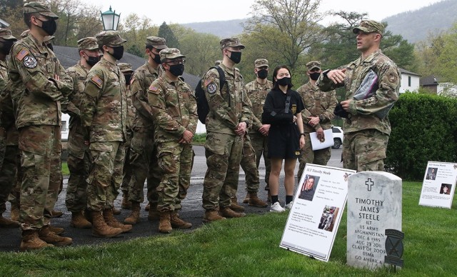 Maj. Michael Sheehan, Company H-1 tactical officer, speaks to the Class of 2023 Company H-1 cadets about several recent graduates who died during the Global War on Terrorism, including 1st Lt. Timothy Steele, during the 16th annual “Inspiration...