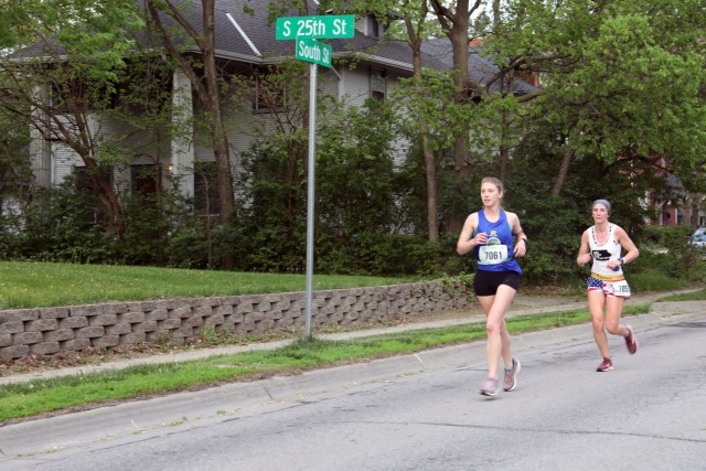 Lincoln, Neb. - Kansas National Guard Marathon Team member Cadet Jessica Pal, 1077th Ground Ambulance Company, Kansas Army National Guard, takes another step towards the finish line while competing in the Lincoln Marathon in Lincoln, Nebraska, May...
