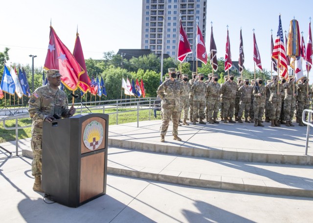 Lt. Gen. R. Scott Dingle, commanding general of U.S. Army Medical Command and The Surgeon General, gives remarks during the Regional Health Command-Central change of command ceremony May 5 at Joint Base San Antonio-Fort Sam Houston.