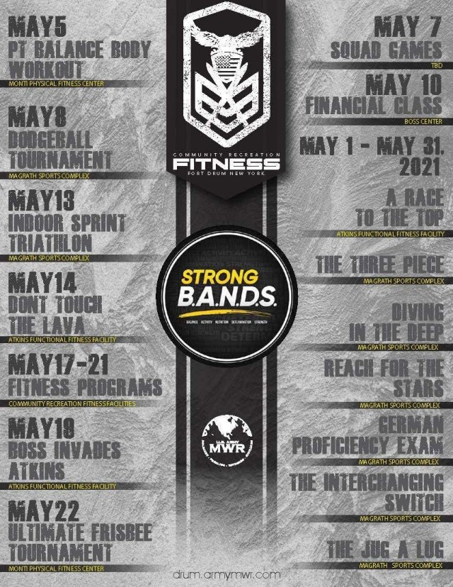 Fort Drum community members can compete throughout May in a Jacobs Ladder challenge, one of many activities planned in support of the Army’s 2021 Strong B.A.N.D.S. (Strong Balance, Activity, Nutrition, Determination and Strength) campaign. (Fort...