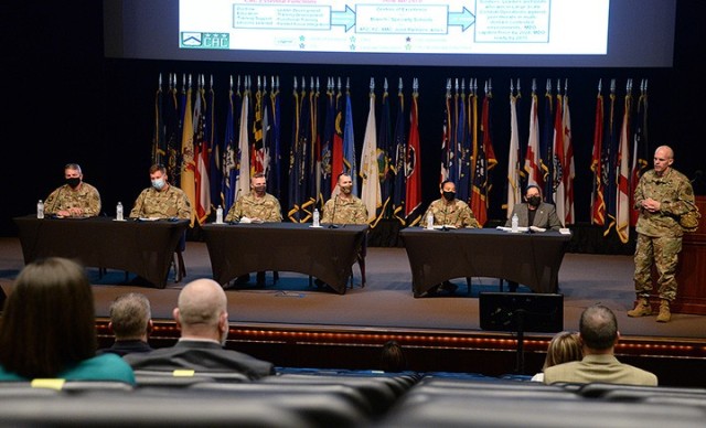 Col. Thomas Bolen, Combined Arms Center chief of staff, right, welcomes members of the 2021 Leadership Kansas Class to an informational panel about the Army education system — with panelists Col. Charles Rambo, director of Army Credentialing and...