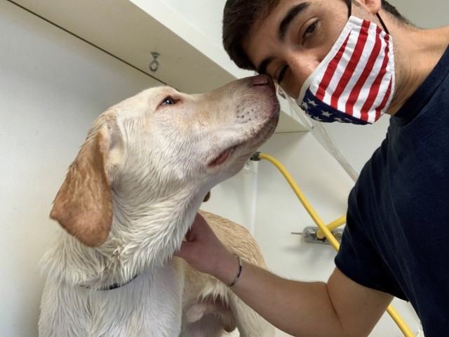 Cpt. Joseph Puccio, a Soldier assigned to the Fort Belvoir Soldier Recovery Unit, Va., volunteered at a new pet care facility on Fort Belvoir. (Photo courtesy of Cpt. Joseph Puccio)