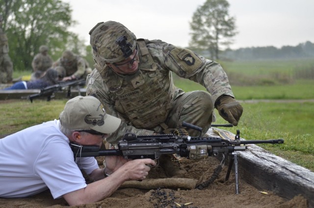 Ralph Schulz, president and CEO of the Nashville Area Chamber of Commerce, fires an M249 light machine gun at Range 11 April 28 under supervision from Cpl. James Patterson, 2nd Battalion, 327th Infantry Regiment, 1st Brigade Combat Team, 101st...