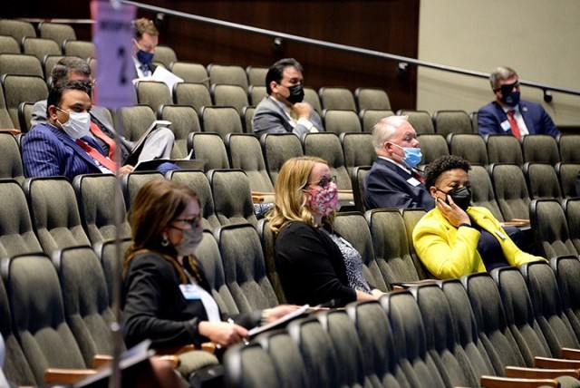 Members of the 2021 Leadership Kansas Class listen to panelists talk about the Army education system during the group's visit to Fort Leavenworth April 29 at the Lewis and Clark Center. From about 500 applicants each year, about 40 leaders and...