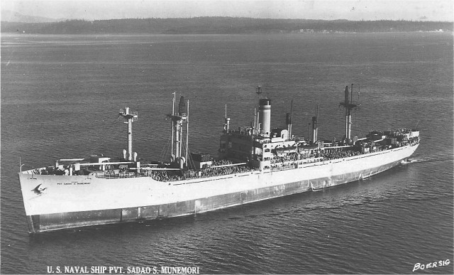 The USNS Private Sadao S. Munemori sets sail. The ship was named for the Medal of Honor recipient.