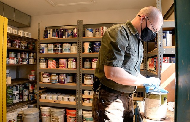 Michael Goble, Household Hazardous Waste manager, checks a can of paint for corrosion before marking it for redistribution May 5 at the HHW site at 810 McClellan Ave. Any common-use chemicals used in the home, such as paint, cleaners, personal...