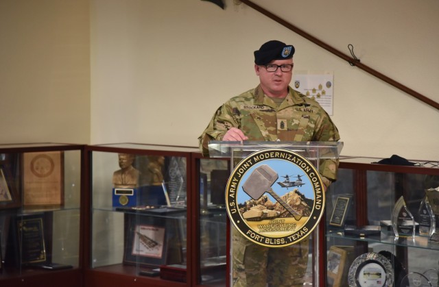 Command Sgt. Maj. William “Shane” Stockard speaks at his Joint Modernization Command assumption of responsibility ceremony on March 30, 2021.