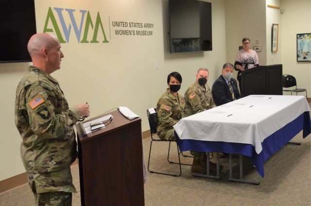 Maj. Gen. Rodney D. Fogg, commanding general of CASCOM and Fort Lee, addresses participants in a Memorandum of Understanding signing ceremony in which leaders from Fort Lee, Crater Planning District Commission and the U.S. Army Center for Military...