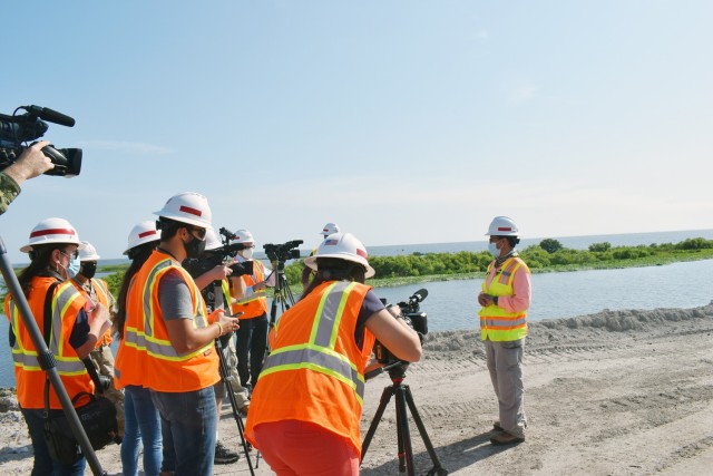 U.S. Army Corps of Engineers Jacksonville Project Manager, Ingrid Bon explains construction procedures with media at Lake Okeechobee during a media day April 14, 2021