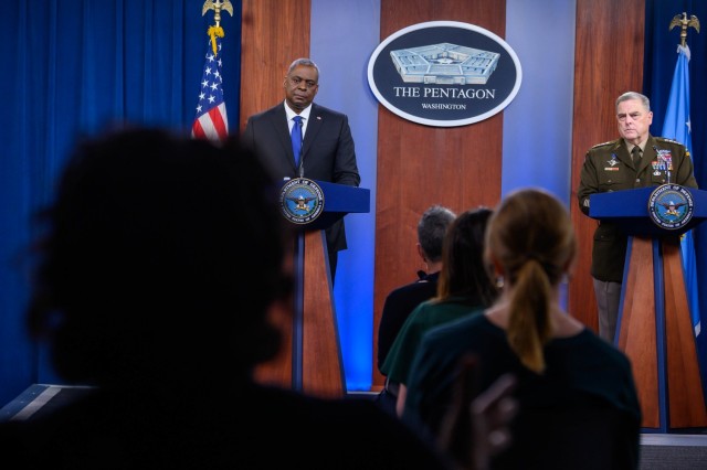 Secretary of Defense Lloyd J. Austin III and Chairman of the Joint Chiefs of Staff Army Gen. Mark A. Milley hold a joint press briefing from the Pentagon, Washington, D.C., May 6, 2021. (DoD photo by U.S. Air Force Staff Sgt. Jack Sanders)