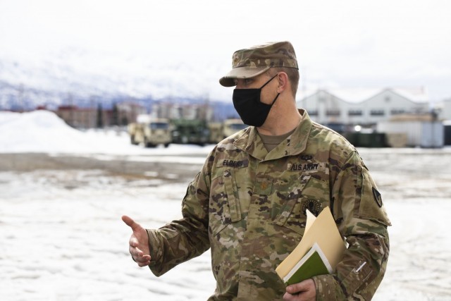Maj. Jake Elders, AFSBn-Alaska’s support operations officer, briefs the 402nd brigade deputy to the commander Joe Schulz and 402nd battalion commander Lt. Col. L. Pilly Restrepo on the Modernization Divestment Repair Site at Joint Base...