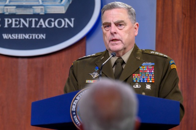 Chairman of the Joint Chiefs of Staff Army Gen. Mark A. Milley address a member of the media during a joint press briefing with Secretary of Defense Lloyd J. Austin III from the Pentagon, Washington, D.C., May 6, 2021. (DoD photo by U.S. Air Force...