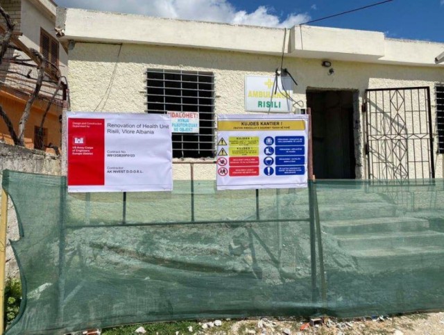 Construction is ongoing at a clinic renovation in the small community of Rislii in Albania April 10, 2021. The clinic renovation work one of several ongoing humanitarian assistance projects the U.S. Army Corps of Engineers is managing in Albania...