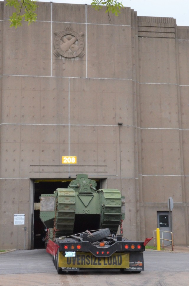 The historic Liberty Mark VIII tank arrives at the Rock Island Arsenal – Joint Manufacturing and Technology Center. JMTC will lead the restoration efforts on the tank, which will become a public static display on the Arsenal. – Photo by...