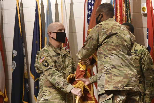 The Chief of Transportation, Brig. Gen. James M. Smith, passes the Trans. Corps’ colors to Maj. Gen. Rodney D. Fogg, CASCOM and Fort Lee commanding general, during a relinquishment of command/responsibility May 6 at Wylie Hall’s "Doc" Washburn...