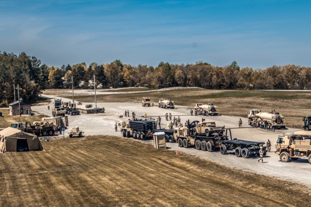 Convoys from the 129th Combat Sustainment Support Battalion, 101st Division Sustainment Brigade, waiting to be refueled by 541st Transportation Company, 129th CSSB, located at Fort Knox, Ky., May 3, 2021.