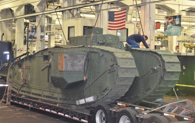 The historic Liberty Mark VIII tank arrives at the Rock Island Arsenal – Joint Manufacturing and Technology Center. JMTC will lead the restoration efforts on the tank, which will become a public static display on the Arsenal. – Photo by...