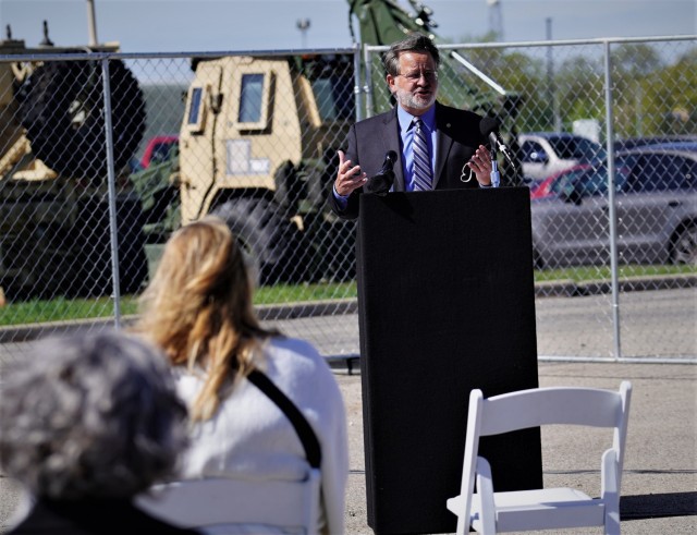 U.S Senator from Michigan, Gary Peters, addresses a socially-distanced gathering of local officials and Detroit Arsenal leaders at an electrical substation groundbreaking ceremony May 10.