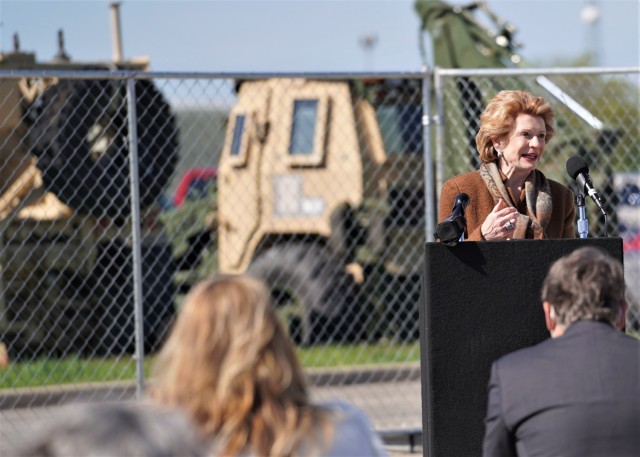 U.S Senator from Michigan, Debbie Stabenow, addresses a socially-distanced crowd at an electrical substation groundbreaking ceremony at Detroit Arsenal May 10.