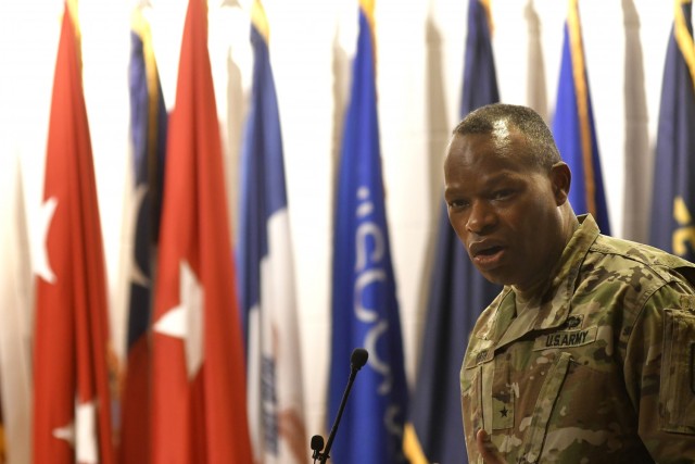 Brig. Gen. James M. Smith speaks before audience members during the Transportation Corps Relinquishment of Command and Responsibility Ceremony May 6 at Wylie Hall's Washburn Auditorium. Smith, the 31st Chief of Transportation, is due to take over...