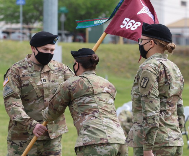 On April 23, 2021 on the Camp Humphreys Parade Field, Capt. Louis Rivas handed the unit guidon to Capt. Clayton Bender as the ‘Paladins’ of the 568th Medical Ground Ambulance Company watched on. Above, Bender returns the company guidon. This...