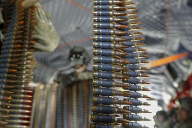 Belts of 7.62 mm ammunition sit ready to be loaded and fired from a CH-47 Chinook helicopter during aerial gunnery at Fort Stewart, Georgia, Apr. 27. Aerial gunnery allows Soldiers to train on their weapon systems to maintain the brigade’s...