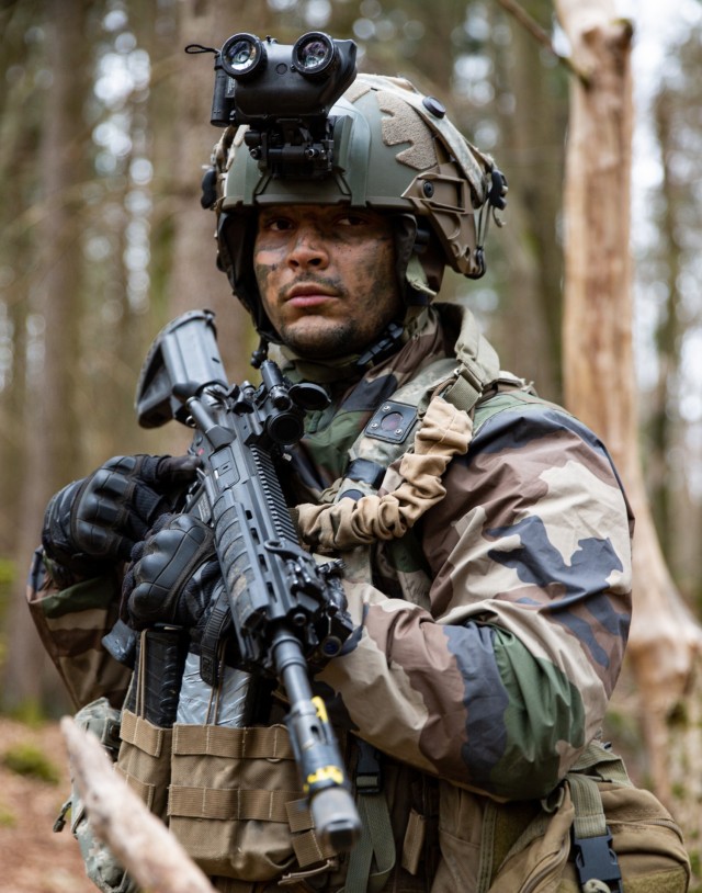 A soldier in the French Army trains during Dragoon Ready 21 in Hohenfels, Germany on April 17, 2021.  The multinational exercise trained U.S. Army soldiers assigned to the 2nd Cavalry Regiment, and promotes interoperability with U.S. Army soldiers and NATO partners and allies. (U.S. Army photo by Sgt. Amanda Fry)