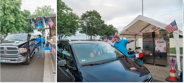 William Montgomery and the Wiesbaden Entertainment Center staff serve patrons at their drive-through operation.