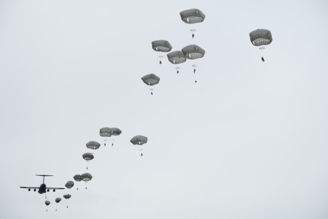 The Alaska Air National Guard delivers Arctic paratroopers from the 4th Brigade Combat Team (Airborne), 25th Infantry Division, U.S. Army Alaska, during a Joint Forcible Entry Operation into Allen Army Airfield, during exercise Northern Edge 21. Northern Edge is a U.S. Indo-Pacific Command sponsored, Headquarters Pacific Air Forces led U.S. joint field training exercise scheduled for May 3-14, 2021 in locations in and around Alaska that uses realistic scenarios to improve joint combat readiness. (U.S. Army photo by Benjamin Wilson)