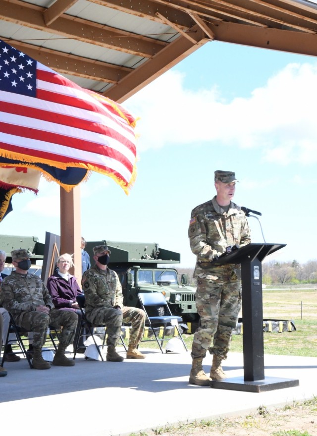 Col. Travis McIntosh, 10th CAB commander, addresses attendees at the ground-breaking ceremony May 12 for the new unmanned aircraft system (UAS) hangar at Wheeler-Sack Army Airfield. (Photo by Mike Strasser, Fort Drum Garrison Public Affairs)