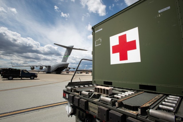 A Litter Station Augmentation Set sits on the flight line at Travis Air Force Base, California, prior to being loaded on to a C-17 Globemaster III during Exercise Nexus Dawn on April 26, 2021. The LSAS is critical to successfully executing...